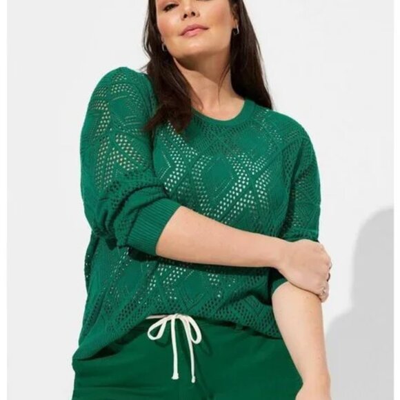 TORRID Women's Emerald Green Pointelle Pullover Long Sleeve Open Weave Sweater 3 - Picture 1 of 7